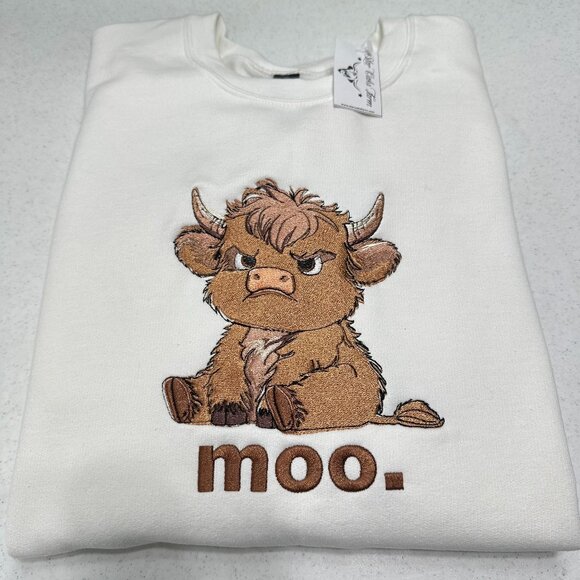 Grumpy Highland Cow Embroidered Adult Unisex Crewneck Sweatshirt - Picture 2 of 16